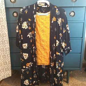 Mustard yellow top and navy floral kimono